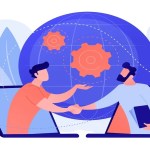 Businessmen shaking hands through laptop screens as online business, conference, meeting, network, deal, negotiations, agreement concept, pinkish coral blue palette. Vector illustration on white background.