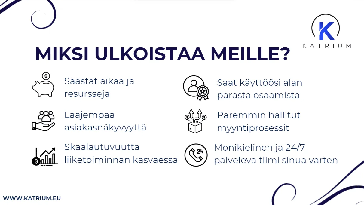 Infograafi: ’Miksi ulkoistaa meille?’. Listaa kuusi etua: ajan ja resurssien säästö, laajempi asiakasnäkyvyys, skaalautuvuus kasvussa, alan paras osaaminen, hallitut myyntiprosessit sekä monikielinen 24/7 tiimi. Mukana selittävät ikonit ja Katrium logo.