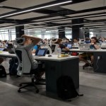 people working in a center