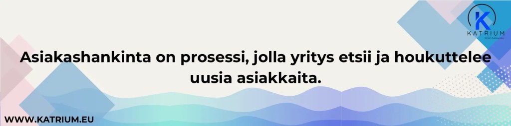 Kuvassa infograafi, joka kertoo, mitä asiakashankinta tarkoittaa: Asiakashankinta on prosessi, jolla yritys etsii ja houkuttelee uusia asiakkaita.