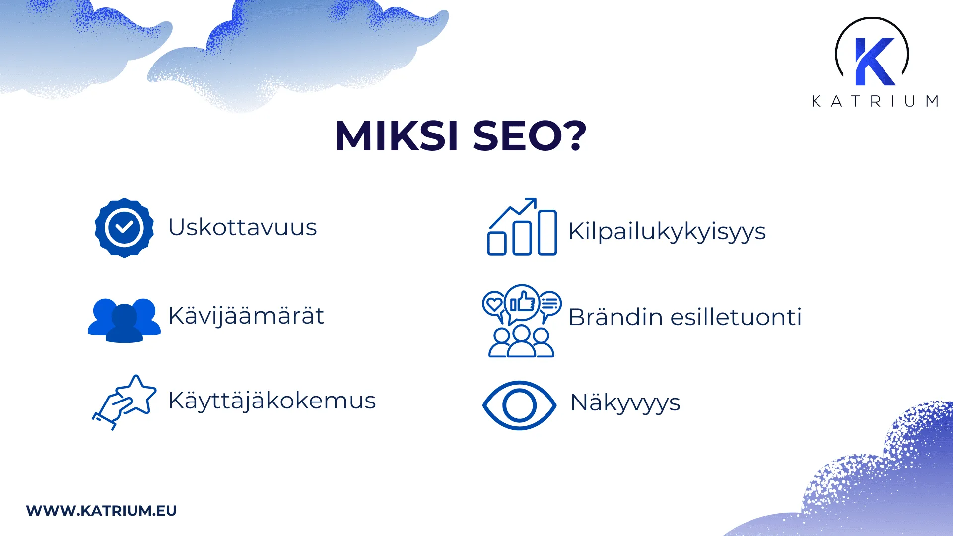 Infografiikka, joka esittelee SEO:n hyödyt, kuten uskottavuus, kilpailukykyisyys, kävijämäärät ja brändin esilletuonti – blogin kirjoituspalvelu auttaa parantamaan yrityksen näkyvyyttä verkossa.