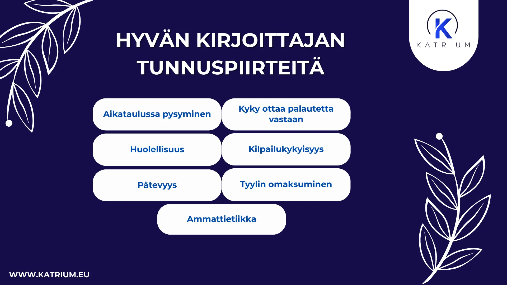 Infograafi, jossa esitellään hyvän kirjoittajan tunnuspiirteitä, kuten huolellisuus, aikataulussa pysyminen, tyyliin mukautuminen ja ammattietiikka.