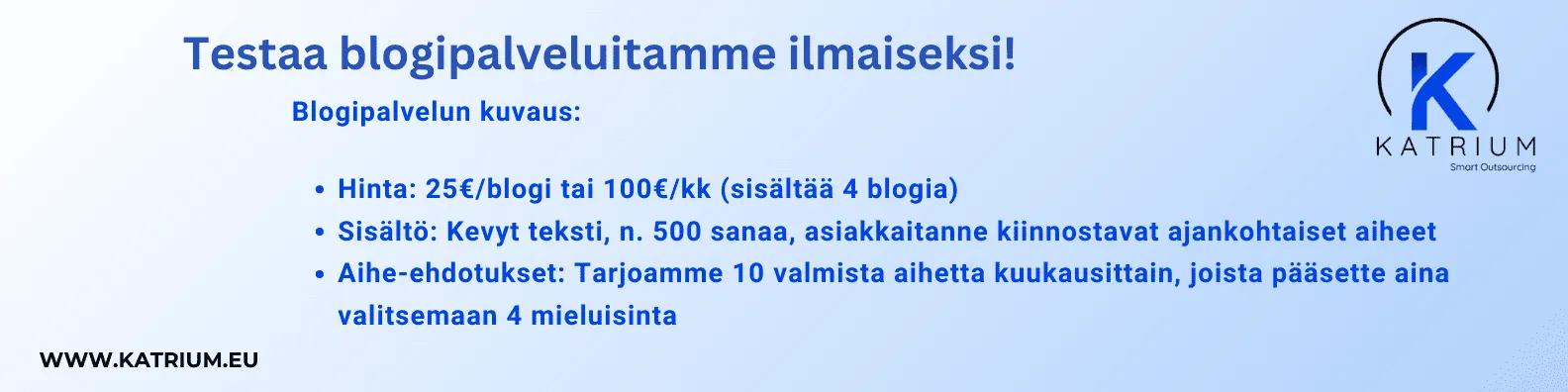 Katriumin blogipalvelu tarjoaa yrityksille valmiita aiheita ja laadukkaita tekstejä edullisesti. Kuvitus liittyy aiheeseen Linkedin vai blogi.