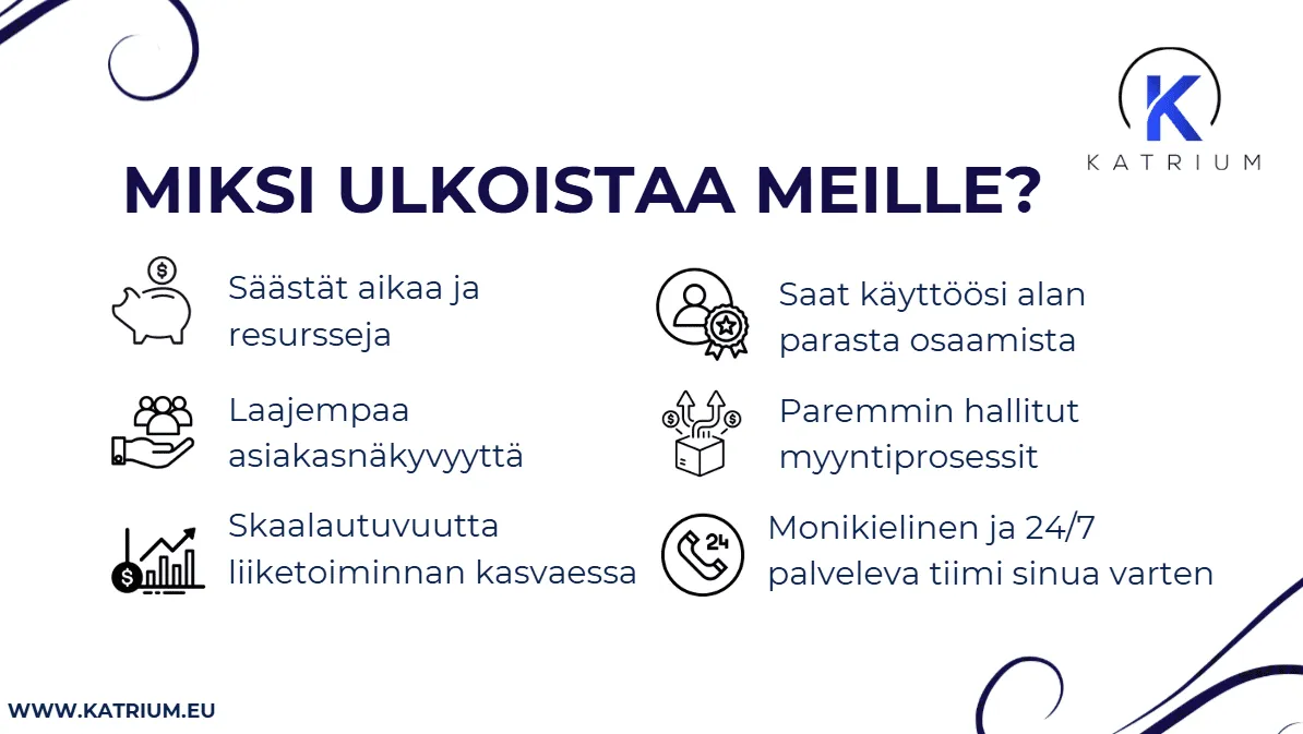 Kuvassa infograafi otsikolla ”Miksi ulkoistaa meille?”. Kuvassa esitellään Katriumin ulkoistuspalveluiden hyötyjä: ”Säästät aikaa ja resursseja”, ”Laajempaa asiakasnäkyvyyttä”, ”Skaalautuvuutta liiketoiminnan kasvaessa”, ”Saat käyttöösi alan parasta osaamista”, ”Paremmin hallitut myyntiprosessit” ja ”Monikielinen ja 24/7 palveleva tiimi sinua varten”.