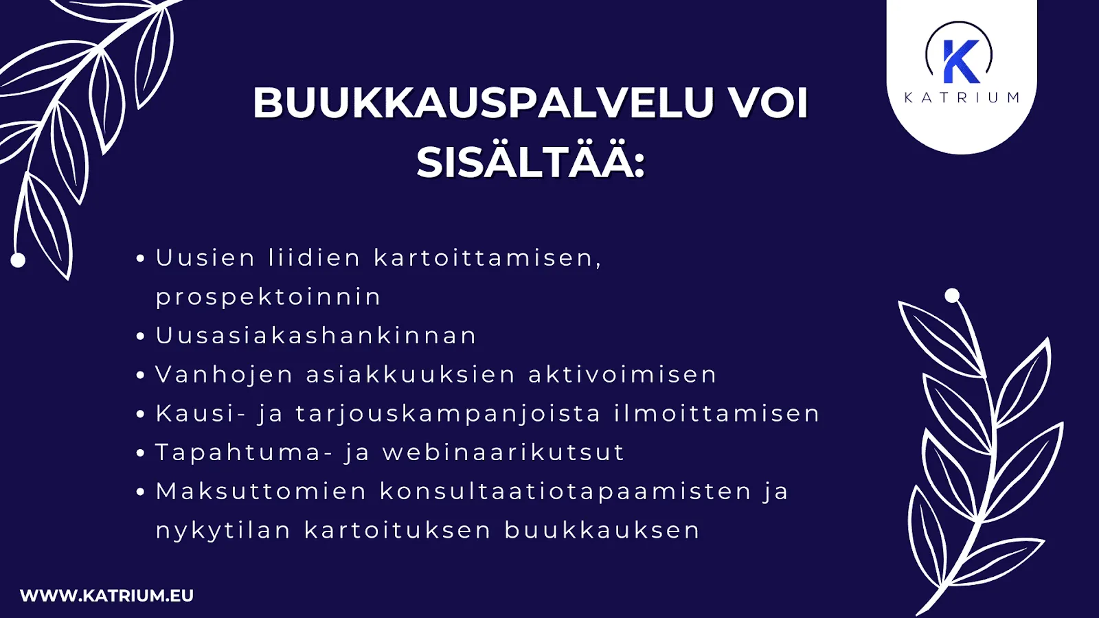 Kuvassa infograafi otsikolla ”Buukkauspalvelu voi sisältää”, jossa esitellään Katriumin tarjoaman tapaamisten buukkaus-palvelun sisältöjä. Listattuna ovat: ”Uusien liidien kartoittamisen, prospektoinnin”, ”Uusasiakashankinnan”, ”Vanhojen asiakkuuksien aktivoimisen”, ”Kausi- ja tarjouskampanjoista ilmoittamisen”, ”Tapahtuma- ja webinaarikutsut” sekä ”Maksuttomien konsultaatiotapaamisten ja nykytilan kartoituksen buukkauksen”.