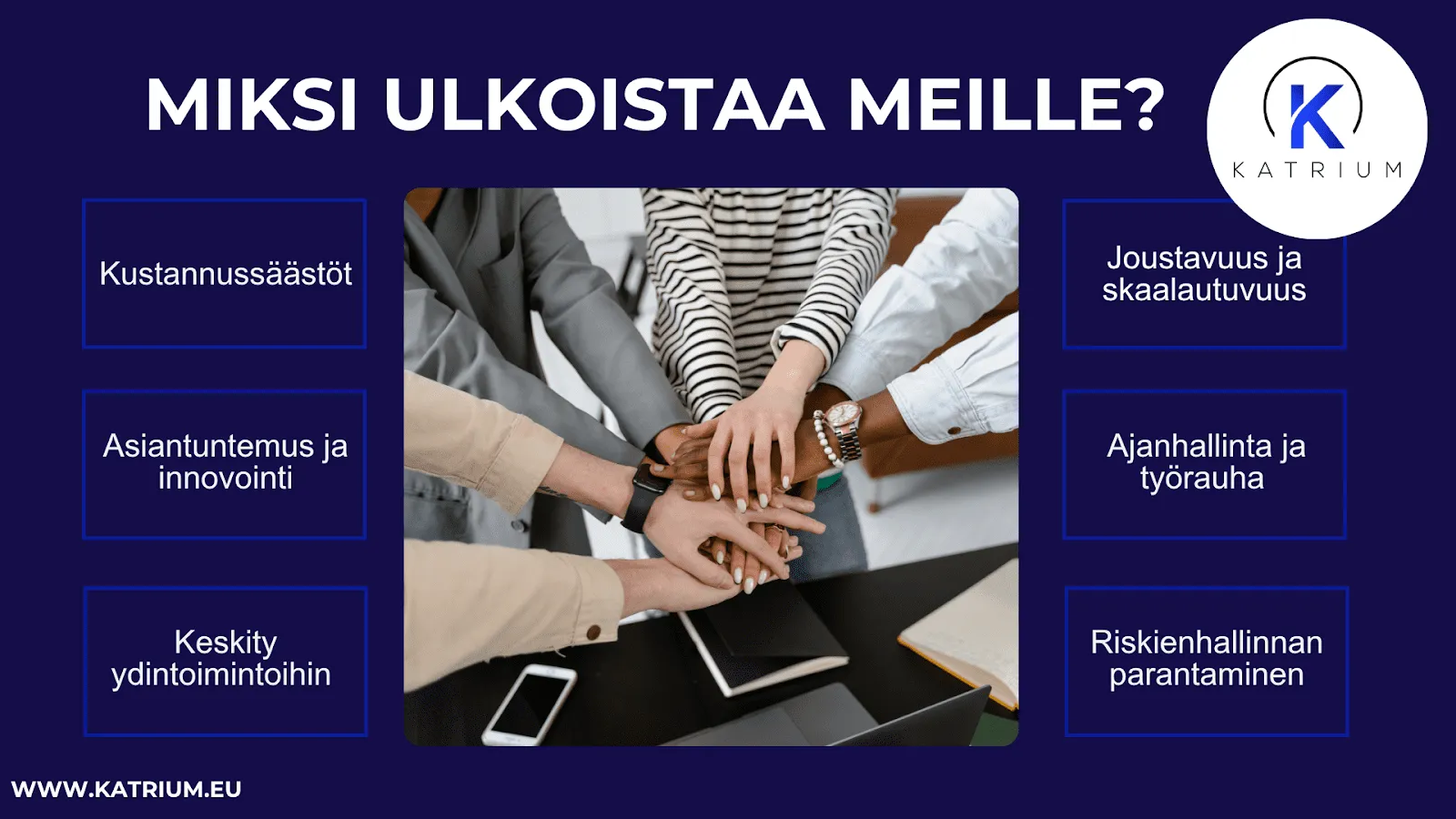 Infograafi Ulkoistamisen hyödyt yrityksille: kustannussäästöt, asiantuntemus ja innovointi, keskity ydintoimintoihin, joustavuus ja skaalautuvuus, ajanhallinta ja työrauha ja riskienhallinnan parantaminen.