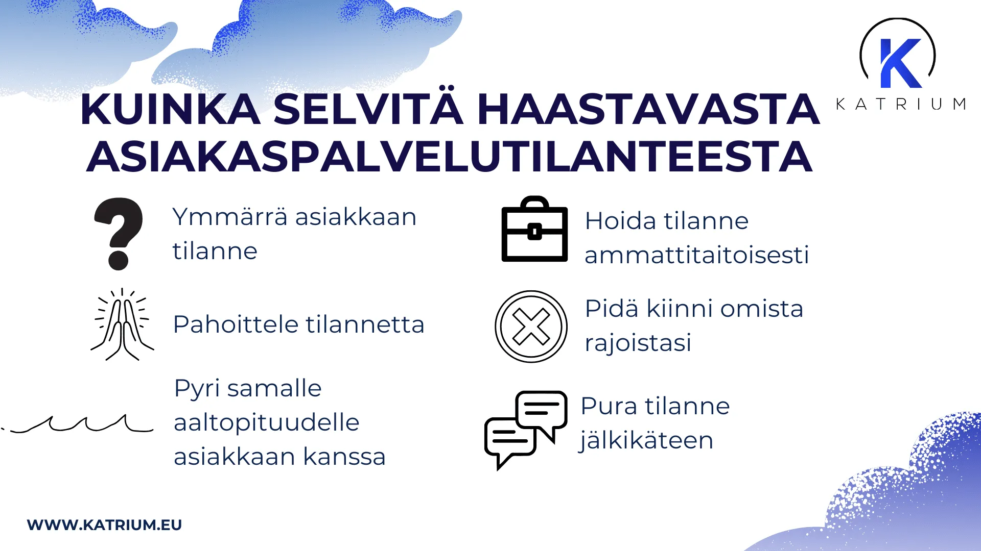Infograafi, jossa esitellään keinoja selviytyä haastavasta asiakaspalvelutilanteesta, kuten asiakkaan ymmärtäminen, tilanteen pahoittelu, ammattitaitoinen toiminta ja omien rajojen säilyttäminen.
