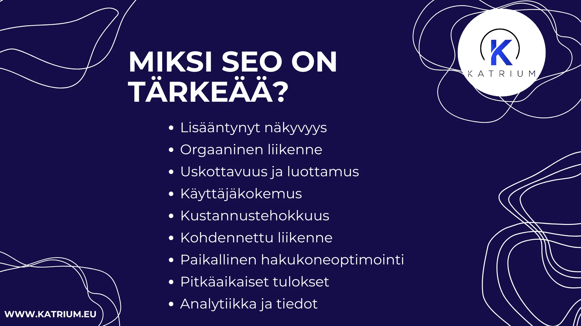 Infograafi, jossa kerrotaan miksi SEO eli hakukoneoptimointi on tärkeää. Kuvassa listataan hyötyjä, kuten näkyvyys, orgaaninen liikenne, luottamus ja kustannustehokkuus.