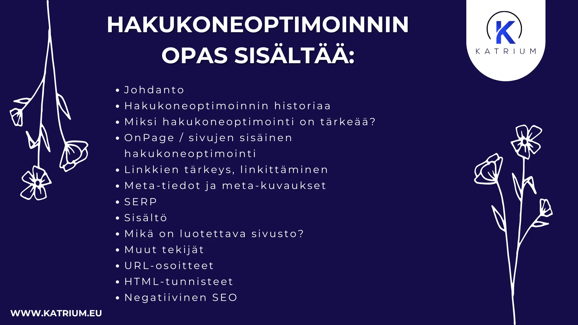 Hakukoneoptimoinnin opas -infograafi, joka listaa tärkeimmät SEO-osa-alueet: sivujen sisäinen optimointi, linkkien merkitys, meta-tiedot, SERP, sisältö ja sivuston luotettavuus.