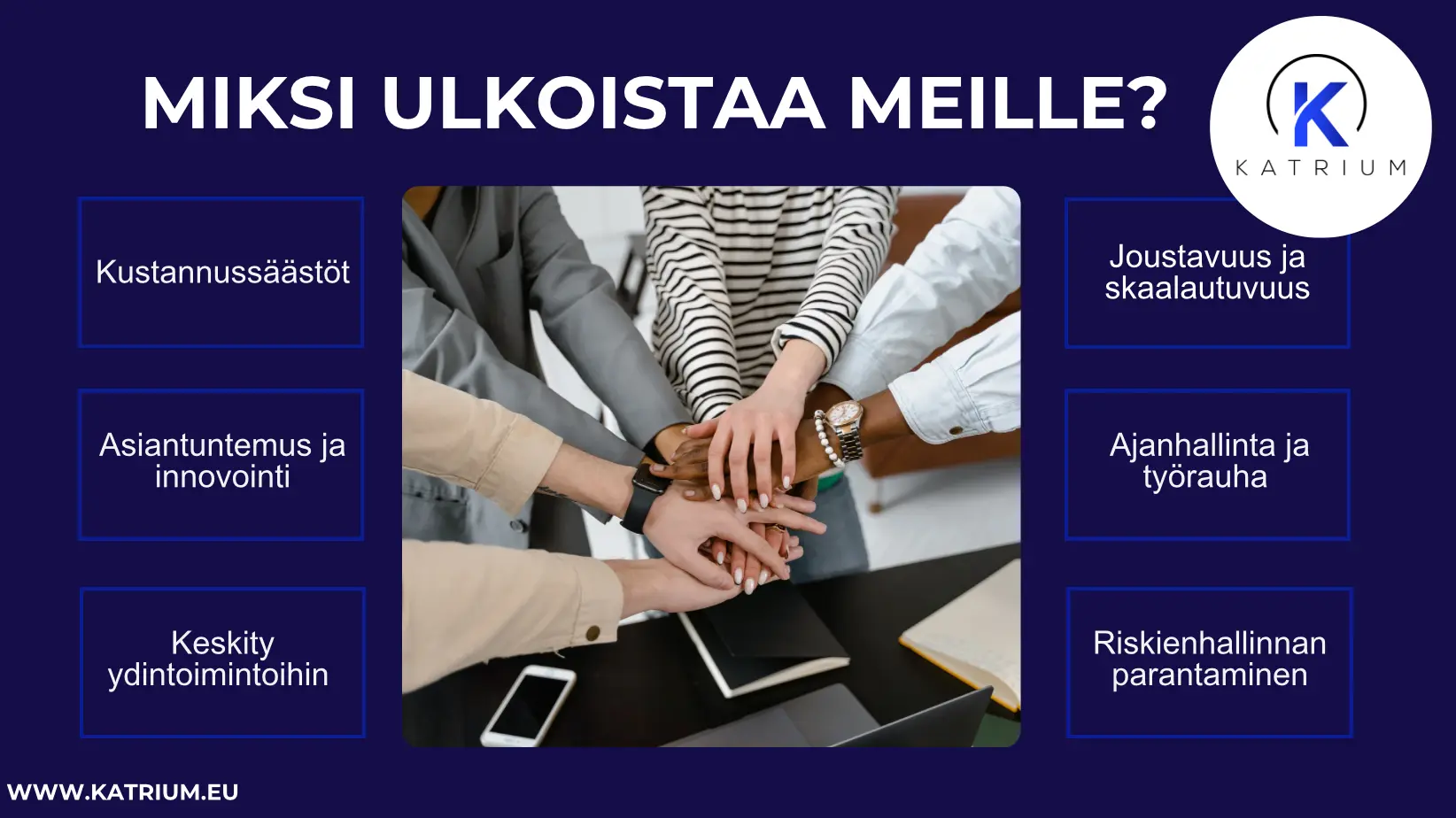 Asiakasrekisteri ja sen päivittäminen kannattaa ulkoistaa Katriumille: kustannussäästöt, asiantuntemus ja innovointi, keskity ydintoimintoihin, joustavuus ja skaalautuvuus, ajanhallinta ja työrauha, riskienhallinnan parantaminen.