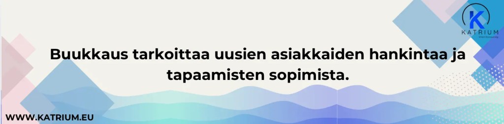 Kuvassa teksti, jonka mukaan buukkaus tarkoittaa uusien asiakkaiden hankintaa ja tapaamisten sopimista.