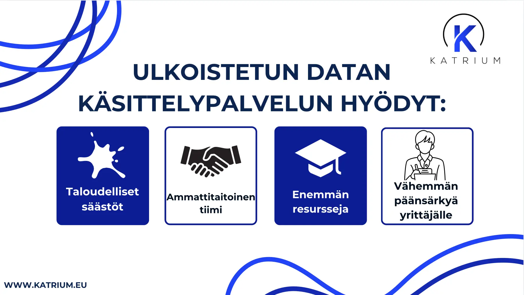 Datan käsittelypalvelut kannattaa ulkoistaa. Kuvassa infograafi, jossa ulkoistamisen hyödyt mainitaan: taloudelliset säästöt, ammattitaitoinen tiimi, enemmän resursseja, vähemmän päänsärkyä yrittäjälle.