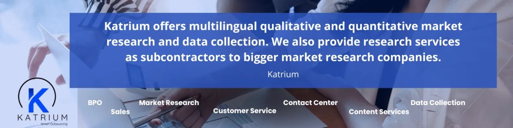 Promotional banner with a background showing people working at computers. In the center, a blue text box explains that the company offers multilingual qualitative and quantitative market research and data collection, and also provides subcontracted research services to larger market research companies. Along the bottom, the company’s services are listed, including BPO, sales, market research, customer service, contact center, content services, and data collection. The company logo is displayed in the lower left.