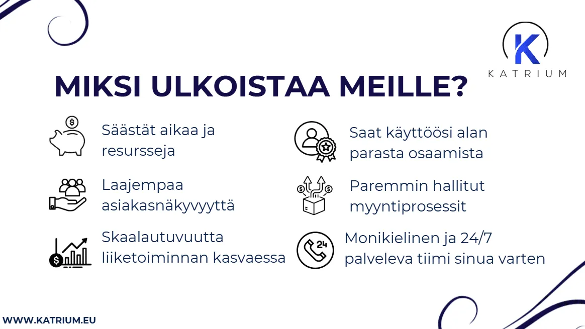 Kuvassa esitellään ulkoistamisen etuja, kuten ajansäästö, paremmat myyntiprosessit, laajempi asiakasnäkyvyys ja 24/7 monikielinen tuki.