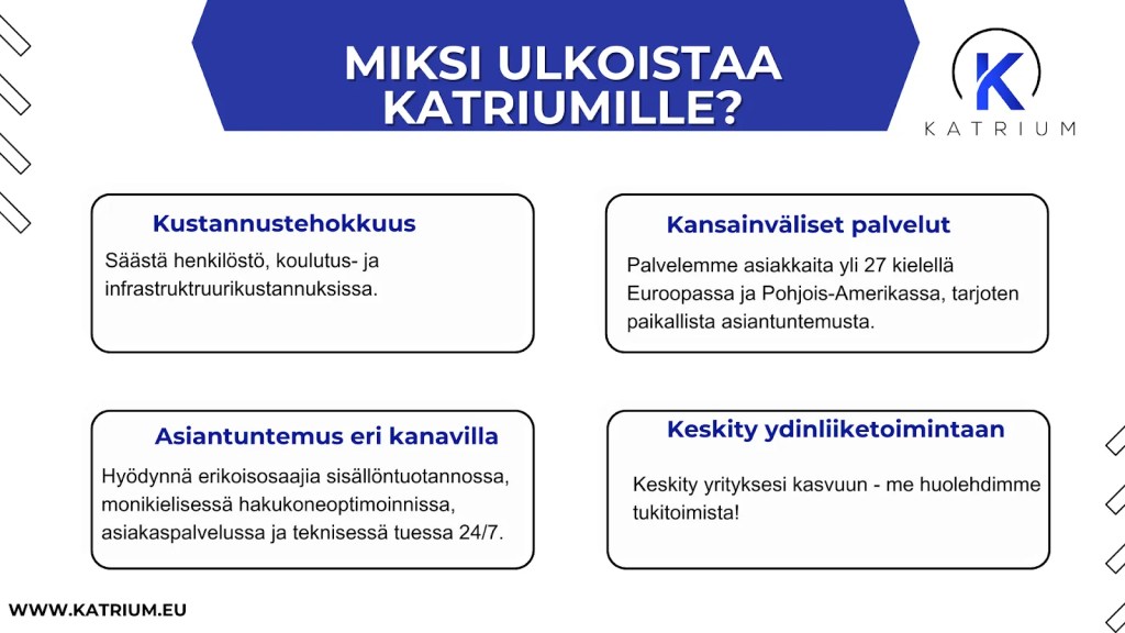 Infograafi, jossa esitellään syitä ulkoistaa palveluita Katriumille, kuten kustannustehokkuus, kansainväliset palvelut, asiantuntemus eri kanavilla ja keskittyminen ydinliiketoimintaan.