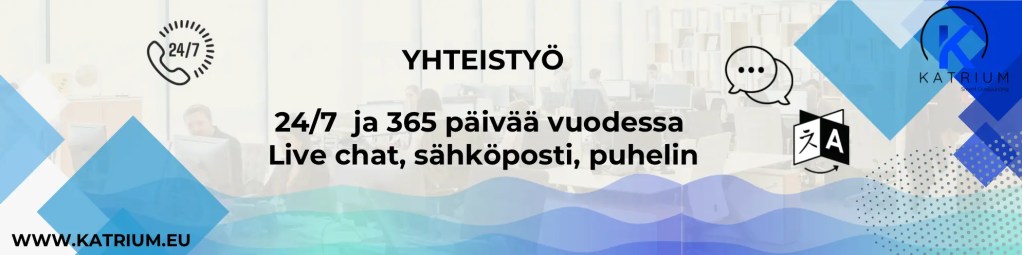 Asiakaspalvelusi ulkoistaminen Katriumille kannattaa. Kuvassa tieto siitä, että meiltä saat yhteistyön 24/7 ja 365 päivää vuodessa muun muassa live chatin, sähköpostin tai puhelimen välityksellä. 