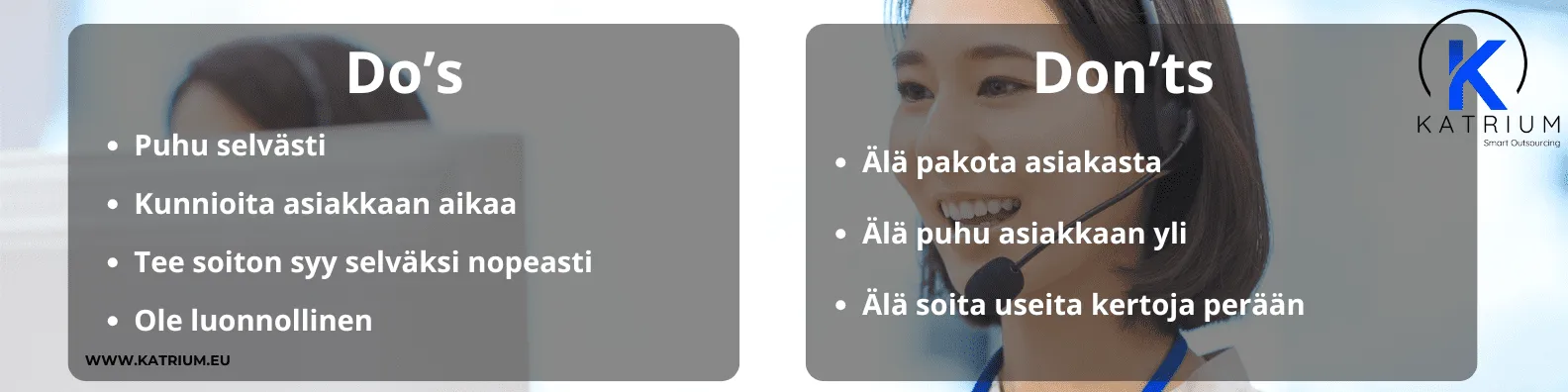Visuaalinen lista kylmäsoiton do’s and don’ts -ohjeista, joissa korostetaan selkeyttä, luonnollisuutta ja asiakkaan ajan kunnioittamista.