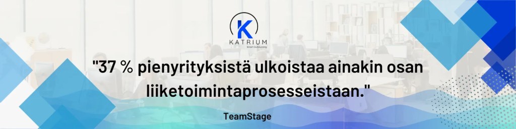 Infograafi, jossa lukee ‘37 % pienyrityksistä ulkoistaa ainakin osan liiketoimintaprosesseistaan.’ Taustalla toimistomiljöö ja Katrium-logo. Lähde: TeamStage.