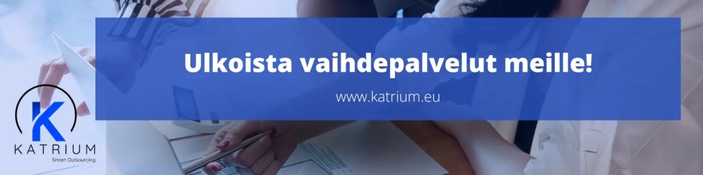 Katrium OÜ mainosbanneri, jossa lukee ‘Ulkoista vaihdepalvelut meille!’ ja osoite www.katrium.eu
 sinisellä taustalla.