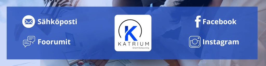 Katrium OÜ yhteystiedot ja kanavat: sähköposti, foorumit, Facebook ja Instagram sinisellä taustalla