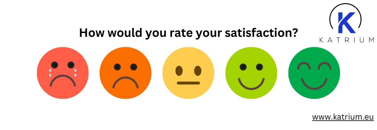 A satisfaction rating graphic from KATRIUM. The image asks 'How would you rate your satisfaction?' and displays five emojis on a scale from red (very dissatisfied and crying) to dark green (very satisfied and smiling broadly). The KATRIUM logo is in the top right, and the website 'www.katrium.eu' is in the bottom right corner.