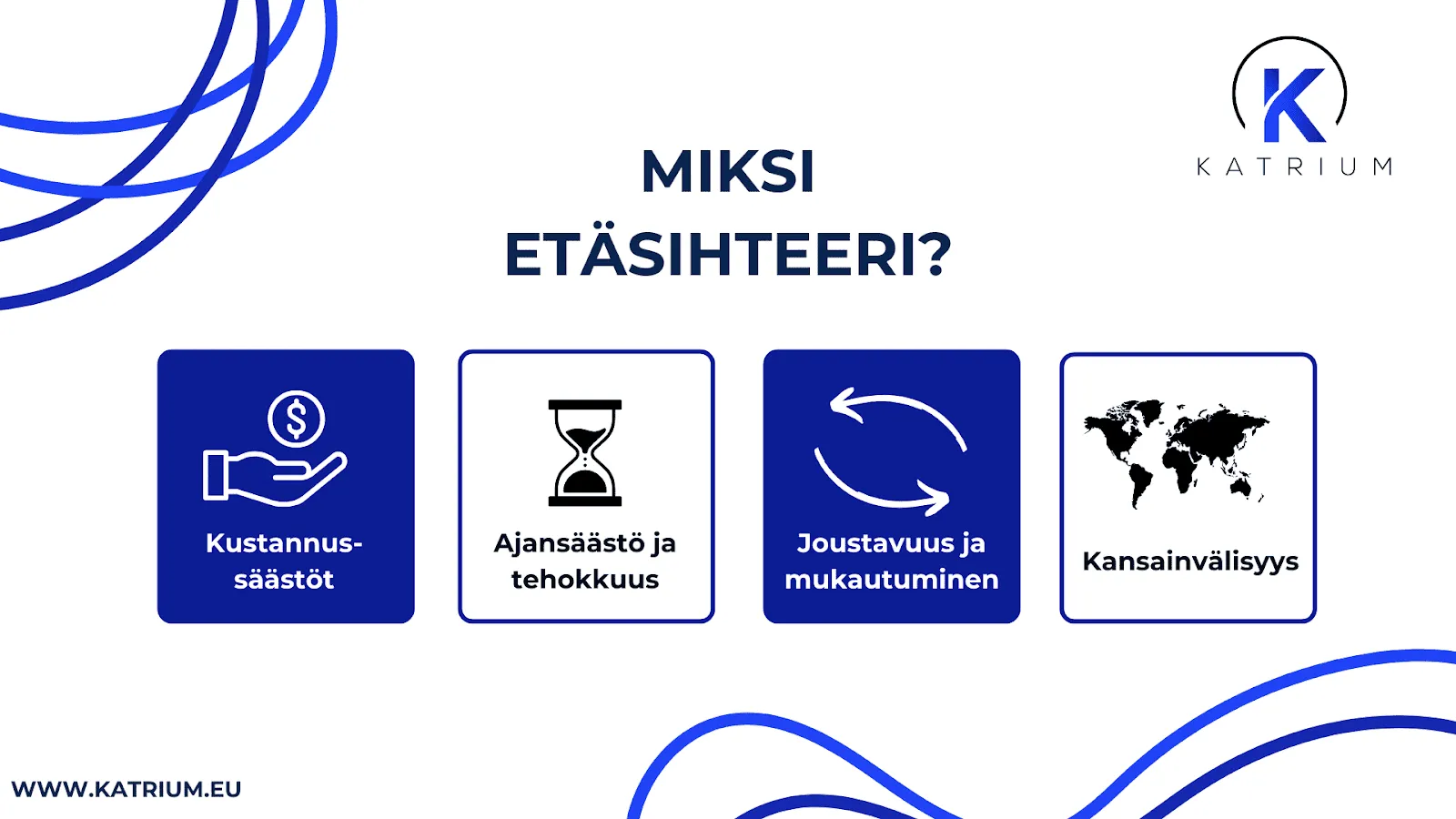Kuvassa infograafi syistä palkata etäsihteeri: kustannussäästöt, ajansäästö ja tehokkuus, joustavuus ja mukautuminen ja kansainvälisyys