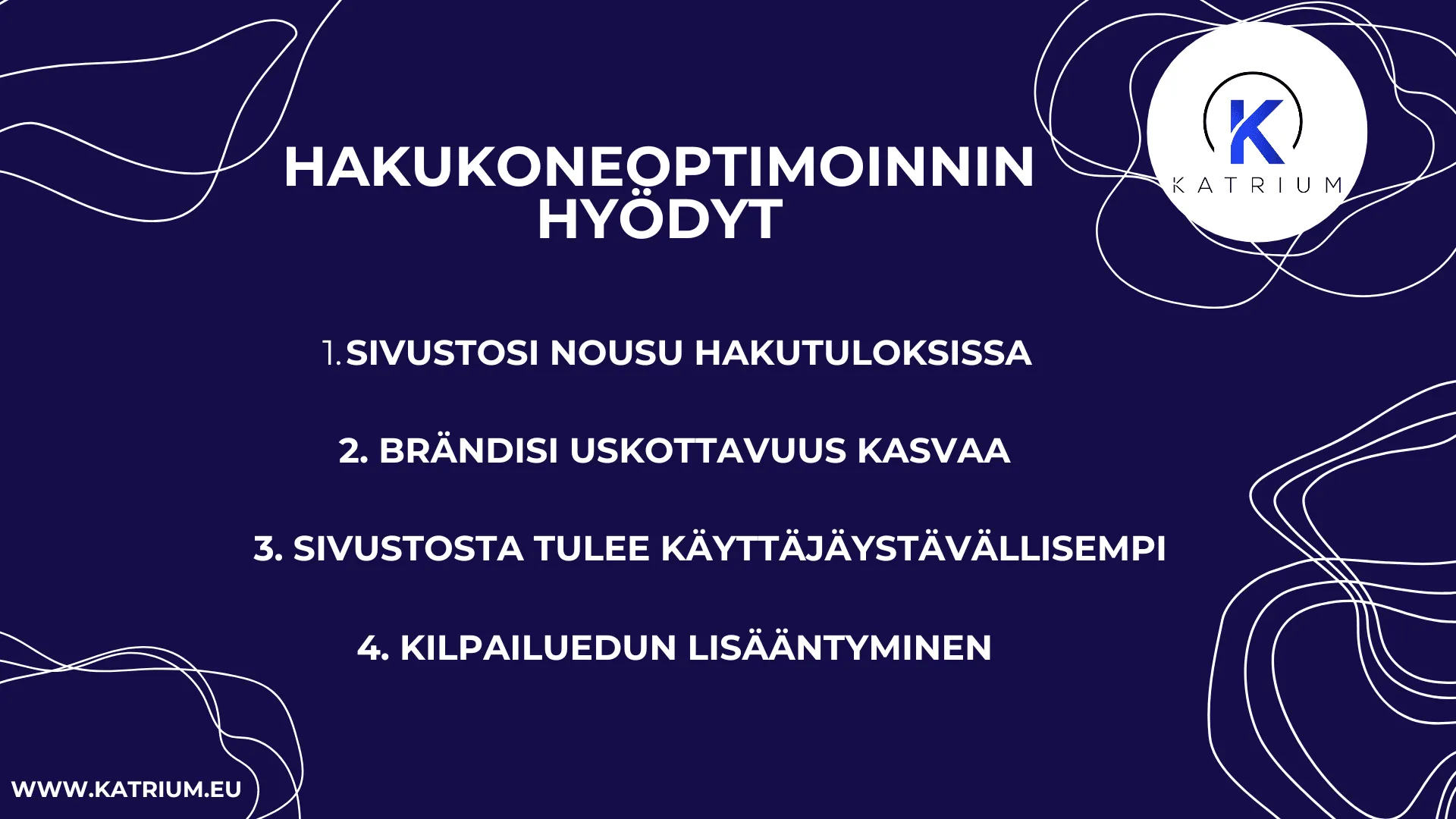 Infografiikka, joka esittelee hakukoneoptimoinnin tärkeimmät hyödyt ja kertoo, miten SEO parantaa sivuston näkyvyyttä, uskottavuutta ja kilpailukykyä.
