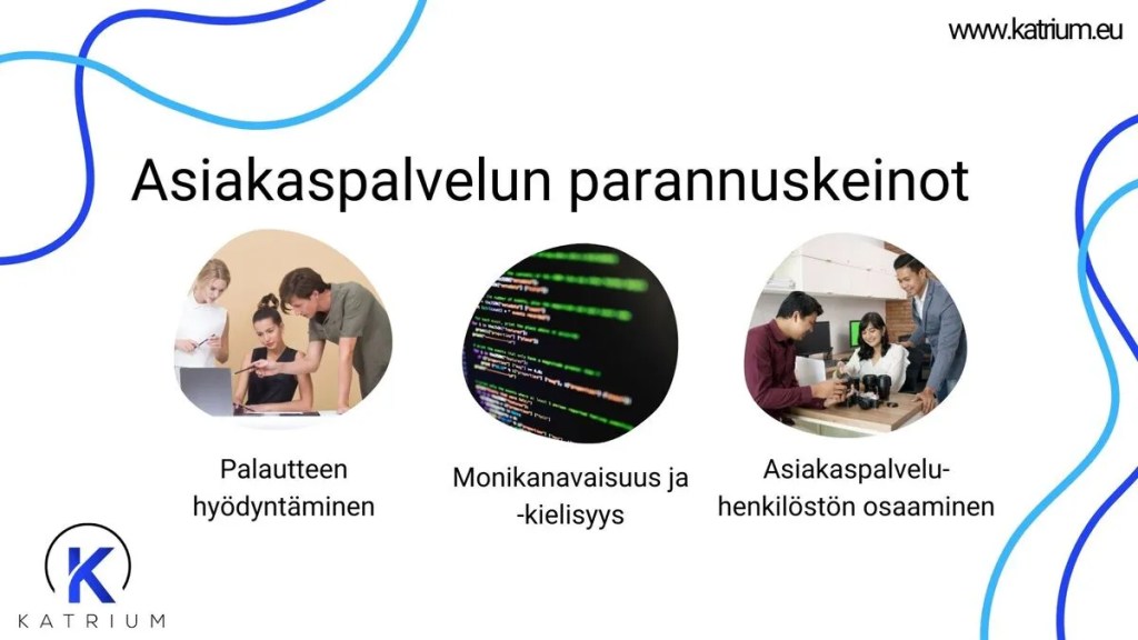 Kuvassa esitellään asiakaspalvelun parannuskeinoja: palautteen hyödyntäminen, monikanavaisuus ja monikielisyys sekä asiakaspalveluhenkilöstön osaamisen kehittäminen.