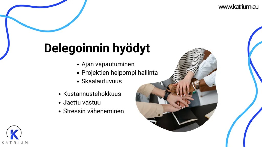 Kuvassa kerrotaan delegoinnin hyödyistä, kuten ajan vapautumisesta, projektien hallinnan helpottumisesta, skaalautuvuudesta, kustannustehokkuudesta, jaetusta vastuusta ja stressin vähenemisestä.