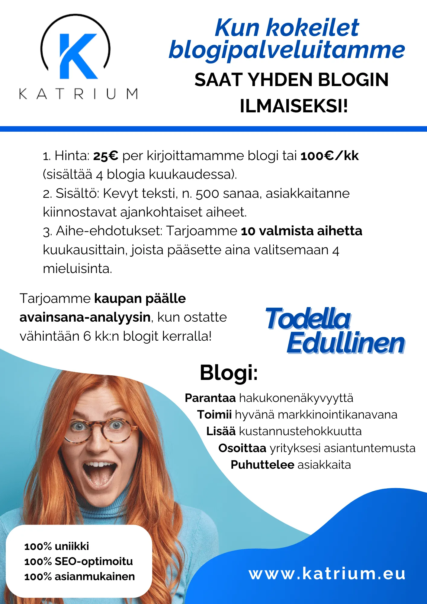 Mikä on blogi -kuva, joka esittelee Katriumin blogipalvelun edut ja hinnat – blogi lisää hakukonenäkyvyyttä, toimii markkinointikanavana ja vahvistaa yrityksen asiantuntijamielikuvaa.
