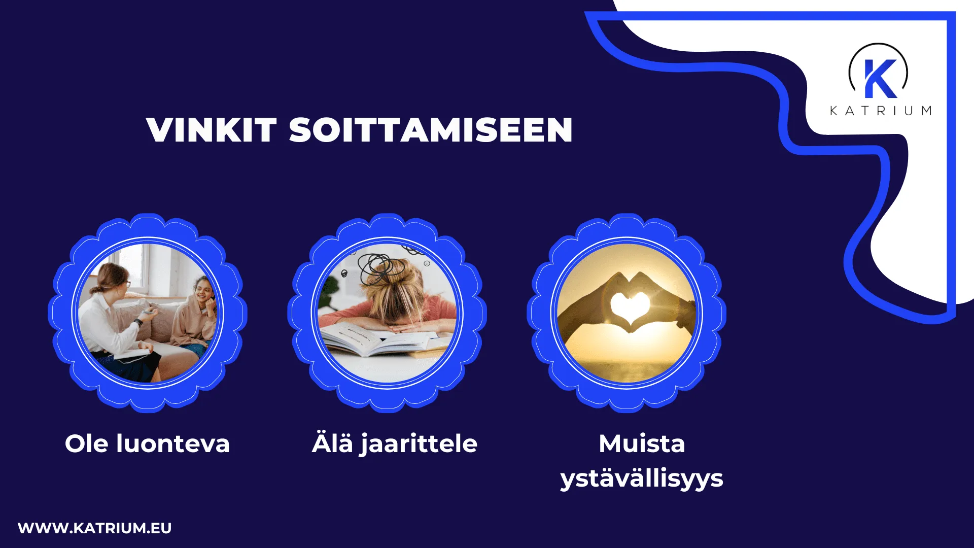 Vinkit soittamiseen -infografiikka, jossa kolme neuvoa: ole luonteva, älä jaarittele ja muista ystävällisyys.