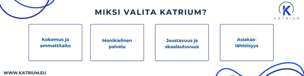 Kuvassa listaus siitä, miksi assistenttipalvelu kannattaa ulkoistaa Katriumille: kokemus ja ammattitaito, monikielinen palvelu, joustavuus ja skaalautuvuus, asiakaslähtöisyys. 