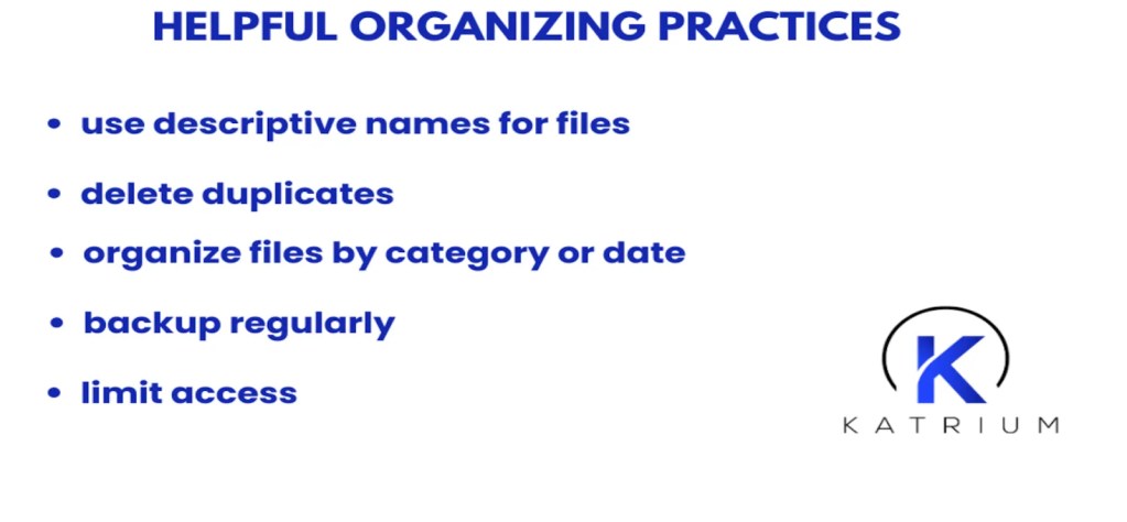 Infographic listing best practices for effective document management, such as descriptive naming, removing duplicates, structured organization, regular backups, and access control.