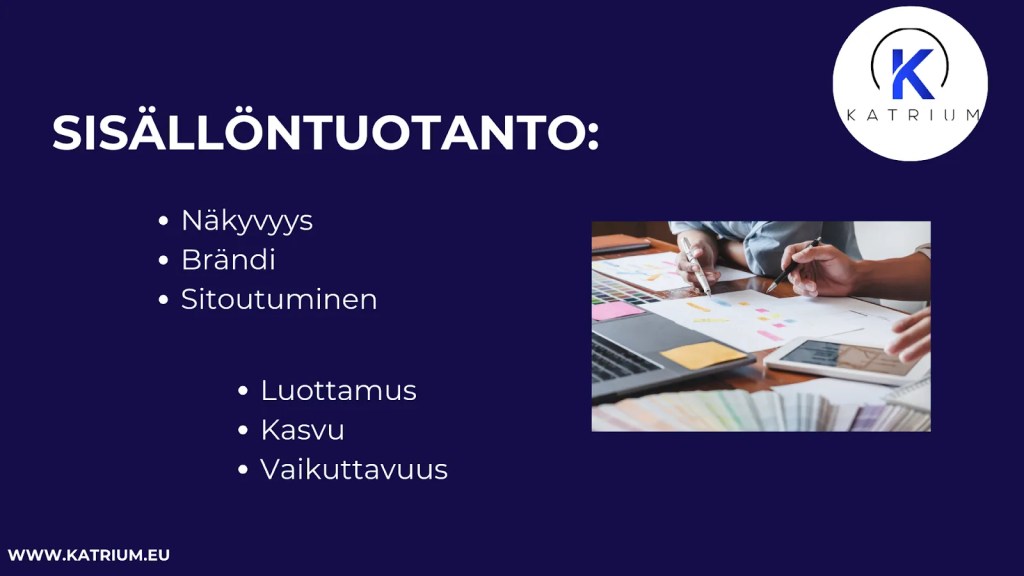 Sisällöntuotanto-infograafi, joka esittelee sisällöntuotannon hyödyt ja visuaalisen suunnittelun.