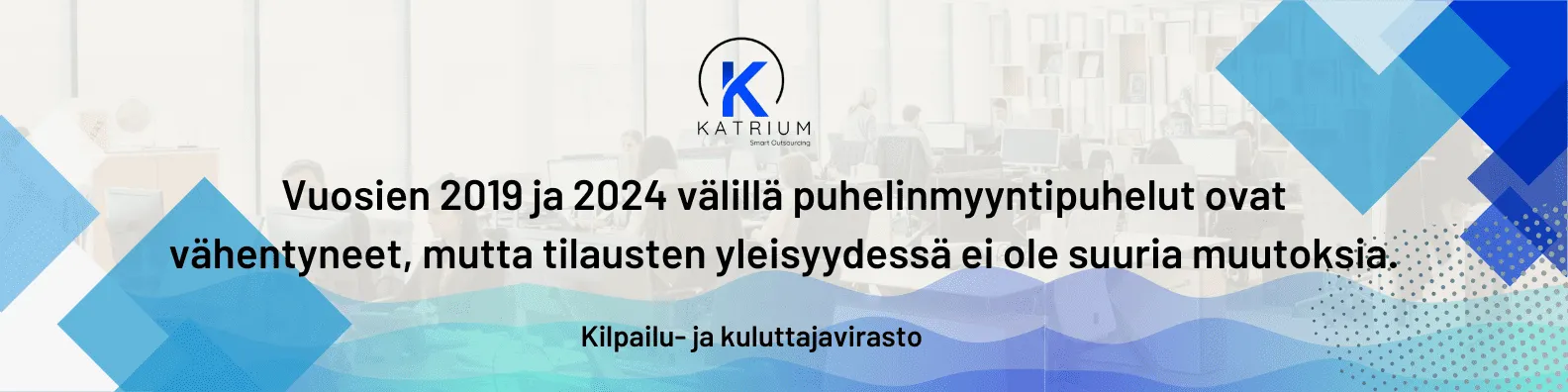 Infografiikka puhelinmyyntipalveluiden trendeistä, jossa kerrotaan puhelinmyyntipuhelujen vähentyneen vuosien 2019–2024 aikana.