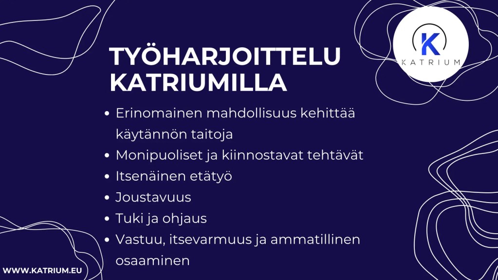 Työharjoittelu Katriumilla on loistava mahdollisuus: Erinomainen mahdollisuus kehittää käytännön taitoja 
Monipuoliset ja kiinnostavat tehtävät 
Itsenäinen etätyö 
Joustavuus
Tuki ja ohjaus 
Vastuu, itsevarmuus ja ammatillinen osaaminen