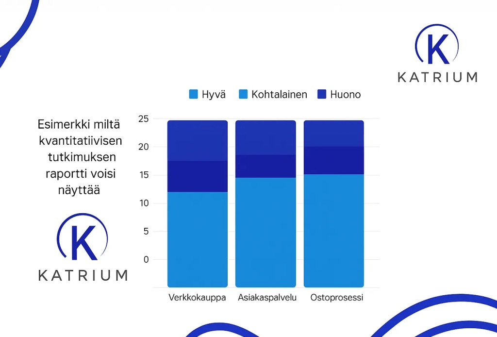 Kvantitatiivisen tutkimuksen esimerkkiraportti, jossa vertaillaan verkkokaupan, asiakaspalvelun ja ostoprosessin arvioita.