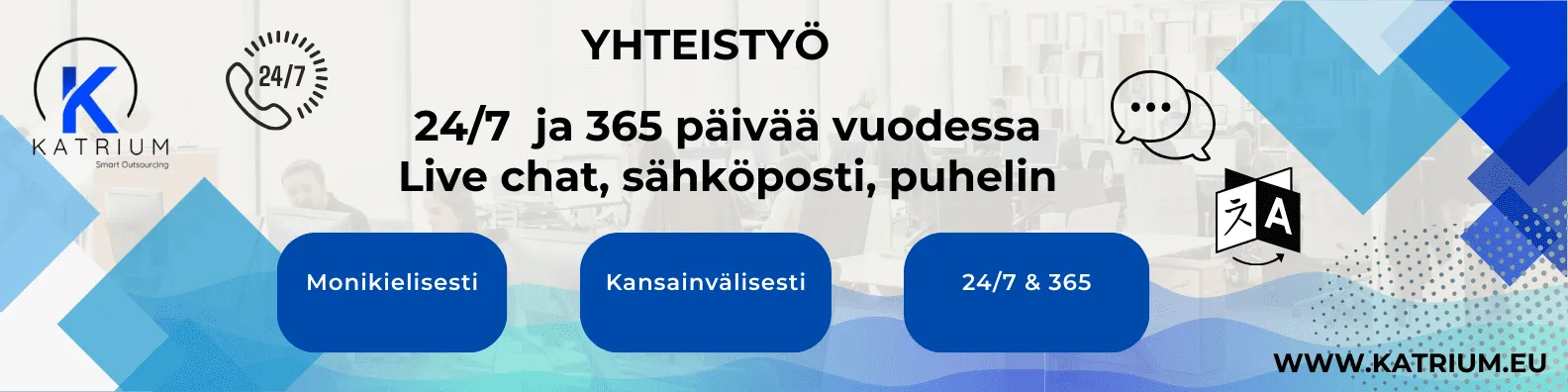 nfograafi otsikolla "Yhteistyö", joka esittelee Katriumin palveluiden kattavuuden ja saatavuuden. Siinä korostetaan, että yritys tarjoaa asiakastukea 24/7 ja 365 päivää vuodessa useiden sähköpostipalveluiden, puhelinpalveluiden ja live chatin kautta. Alareunan siniset laatikot tuovat esiin palvelun vahvuudet: Monikielisesti, Kansainvälisesti ja 24/7 & 365.