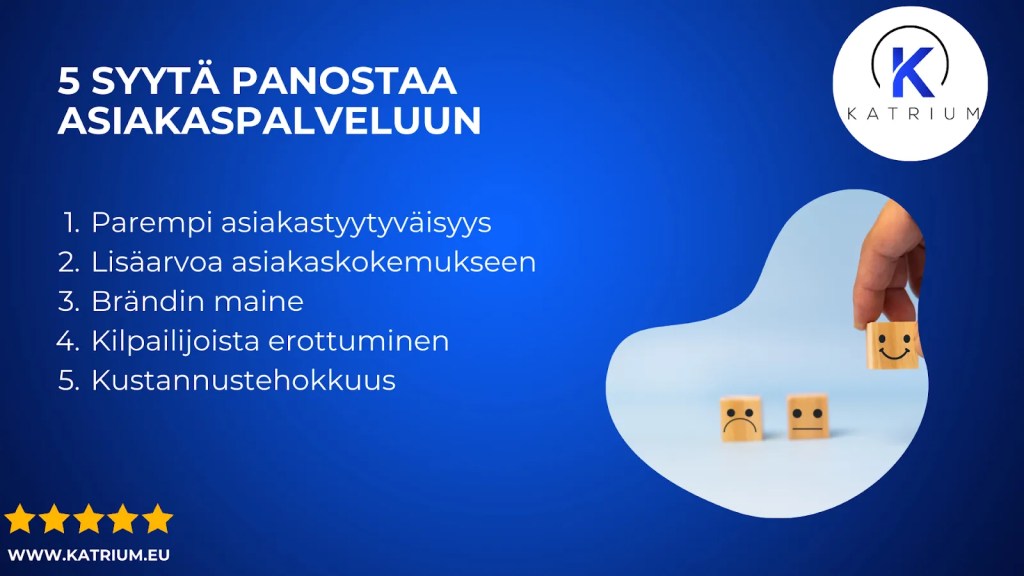 Kuvassa infograafi, jossa esitellään viisi syytä panostaa asiakaspalveluun: tyytyväisyys, lisäarvo, maine, erottautuminen ja tehokkuus.