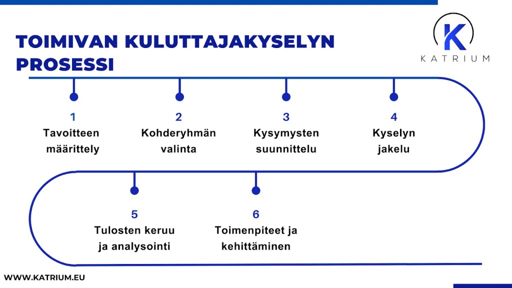 Kuva, jossa esitetään toimivan kuluttajakyselyn prosessi: tavoitteen määrittely, kohderyhmän valinta, kysymysten suunnittelu, kyselyn jakelu, tulosten keruu ja analysointi sekä toimenpiteiden kehittäminen.