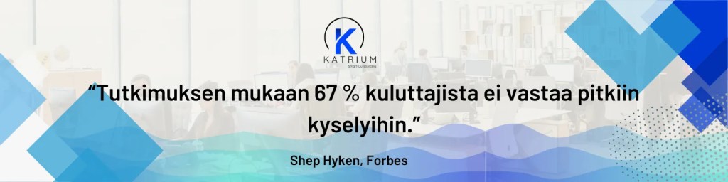 Kuva, jossa esitetään lainaus tutkimuksesta: 67 % kuluttajista ei vastaa pitkiin kyselyihin. Taustalla toimistoympäristö ja Katriumin logo.