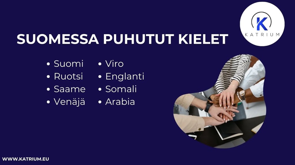 Kuva, jossa esitellään Suomessa puhuttuja kieliä, kuten suomi, ruotsi, saame, venäjä, viro, englanti, somali ja arabia.