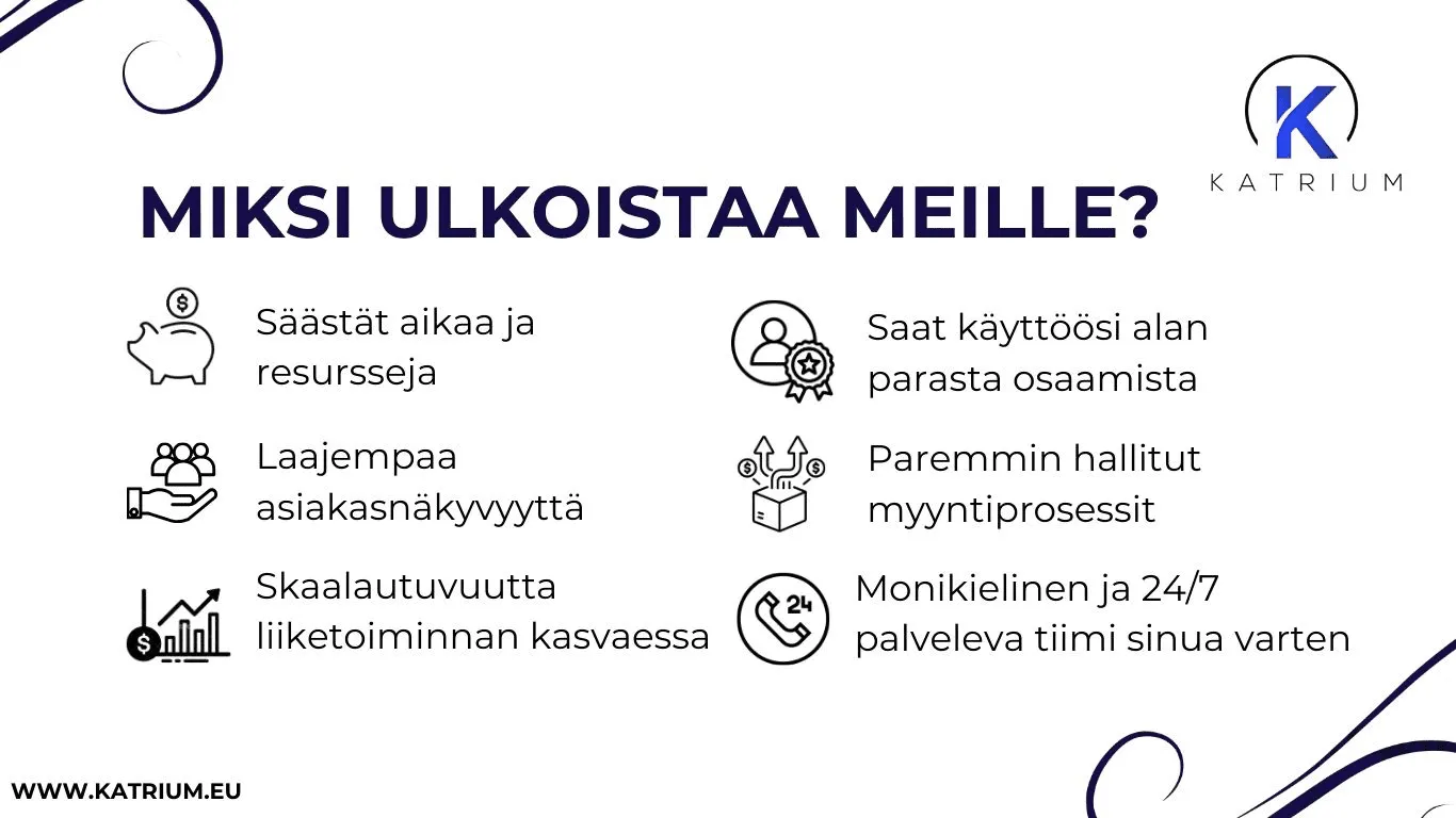 Kuvassa infograafi otsikolla ”Miksi ulkoistaa meille?”. Kuvassa esitellään Katriumin ulkoistuspalveluiden hyötyjä: ”Säästät aikaa ja resursseja”, ”Laajempaa asiakasnäkyvyyttä”, ”Skaalautuvuutta liiketoiminnan kasvaessa”, ”Saat käyttöösi alan parasta osaamista”, ”Paremmin hallitut myyntiprosessit” ja ”Monikielinen ja 24/7 palveleva tiimi sinua varten”.