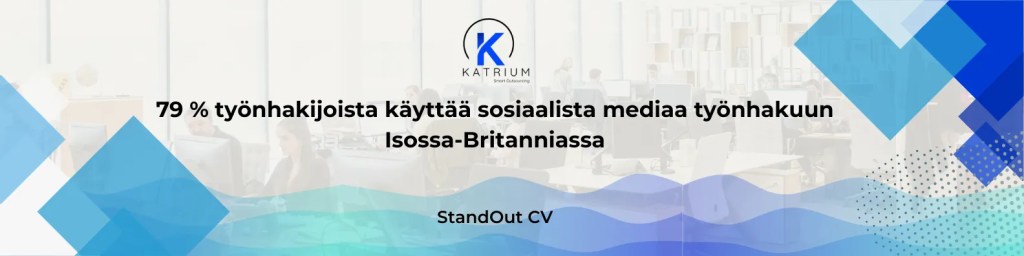 Infograafi, jossa kerrotaan, että 79 % työnhakijoista Iso-Britanniassa käyttää sosiaalista mediaa työnhakuun.