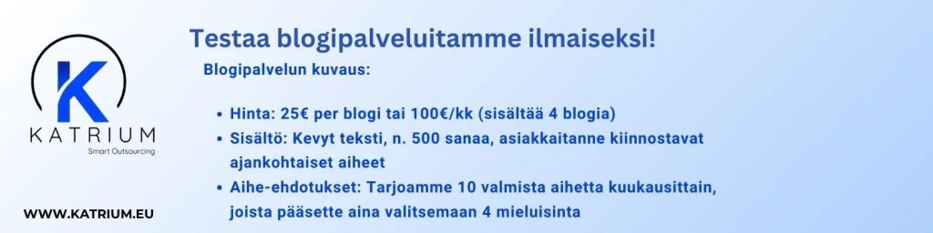Banneri, jossa esitellään yritysbloggaamisen blogipalvelu ja sen sisältö, hinnoittelu ja kuukausittaiset aihe-ehdotukset.