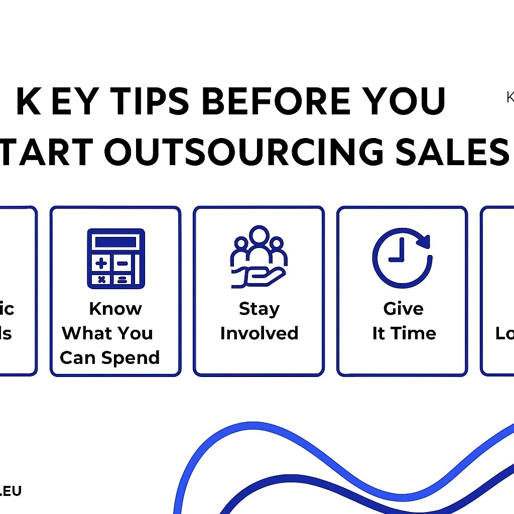 Graphic listing key tips for outsourcing sales, including specific goals, budgeting, involvement, patience, and long-term thinking.