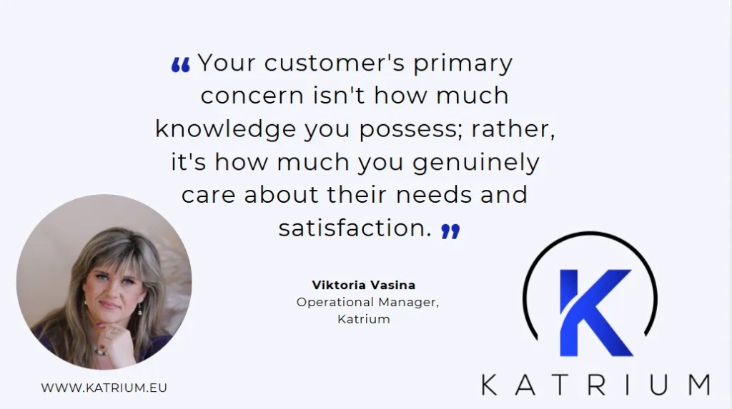 Inspirational quote about customer satisfaction by Viktoria Vasina, highlighting why genuine care is essential when companies outsource customer support.