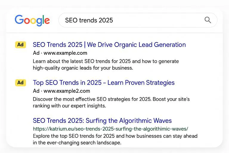 creenshot of Google search results for 'SEO trends 2025.' The results show two top paid ads followed by an organic search result titled 'SEO Trends 2025: Surfing the Algorithmic Waves' from katrium.eu
