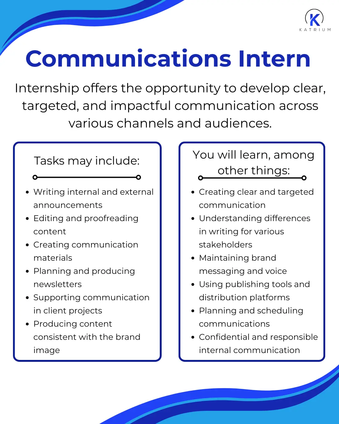 Communications interns possible worktasks and what you can learn at Katrium