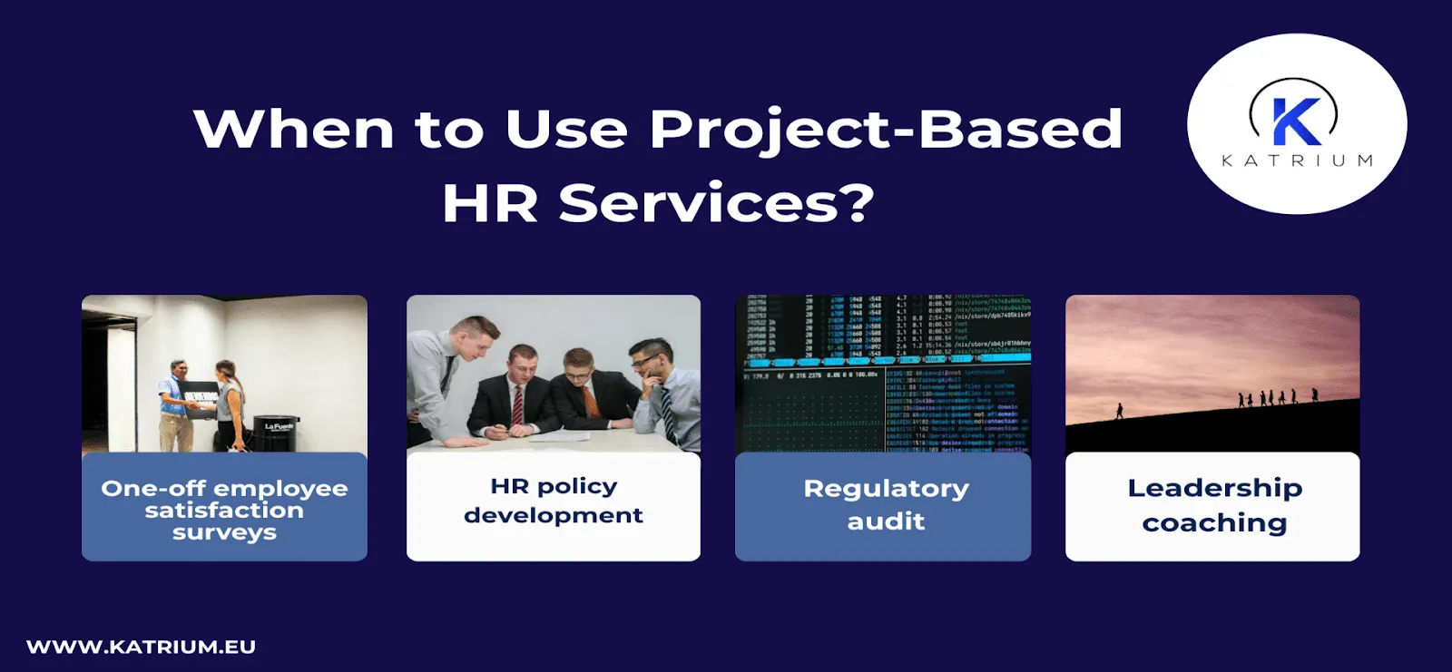 Infographic on when to use project-based HR services, including one-off employee satisfaction surveys, HR policy development, regulatory audit, and leadership coaching.